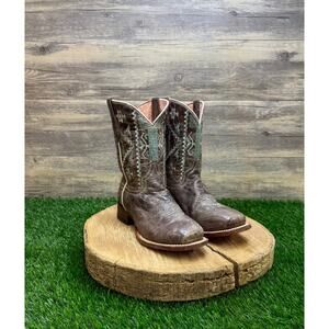 Roper Youth - Size 2 - Distressed Brown Southwest Square Toe Cowboy Boots 7022